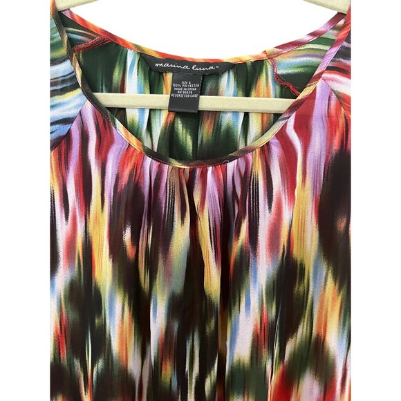 Marina Luna Women's Tie-Dye Top Blouse Size S Rainbow Splatter Design Semi Sheer - Picture 2 of 5